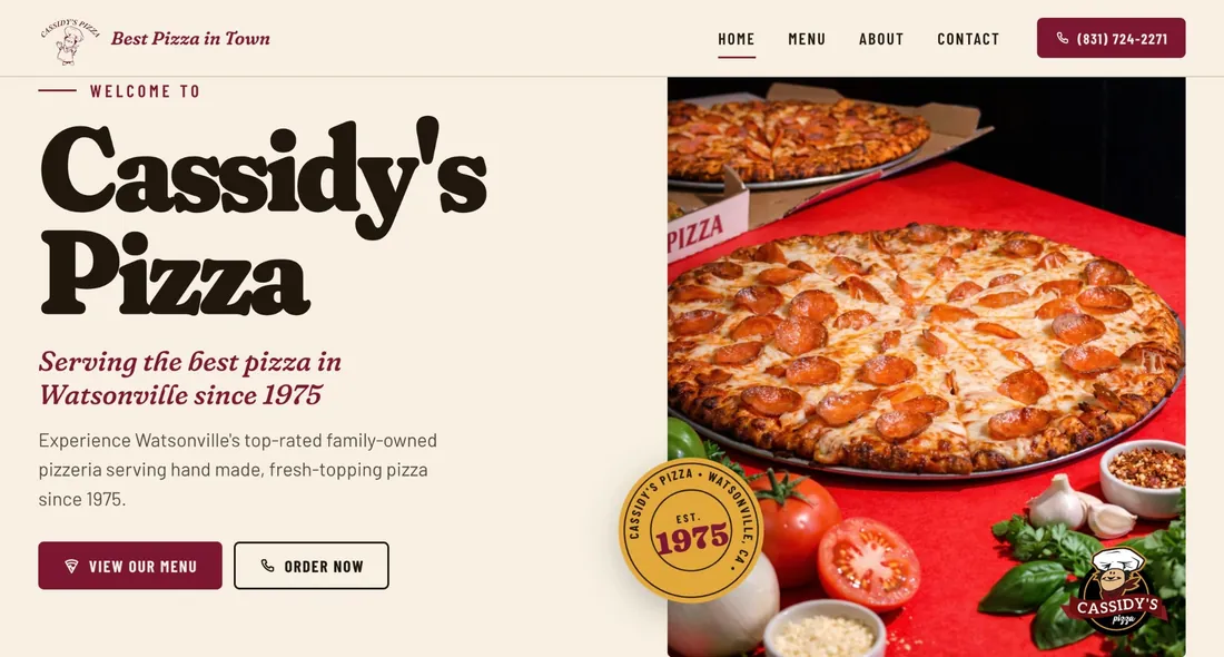 Cassidy's Pizza restaurant website homepage with View Our Menu and Order Now buttons